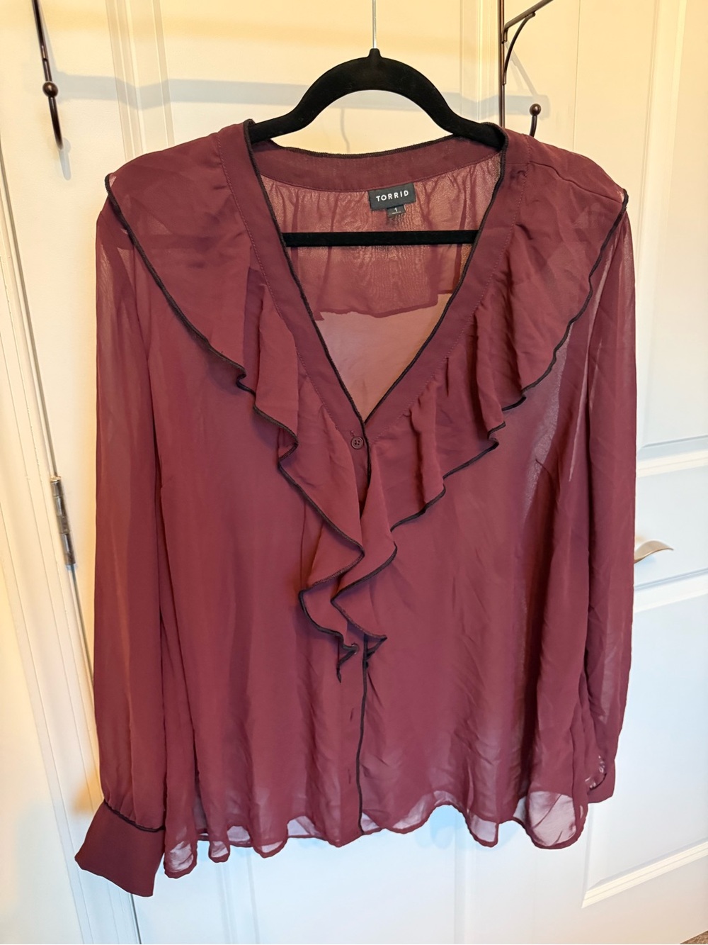 torrid wine sheer ruffle V-neck blouse